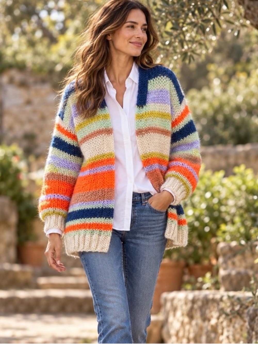 Chunky Multi-Stripe Open Cardigan Sweater - Cream & Multicolor, bohemian